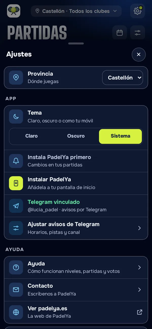 Ajustes con Telegram vinculado