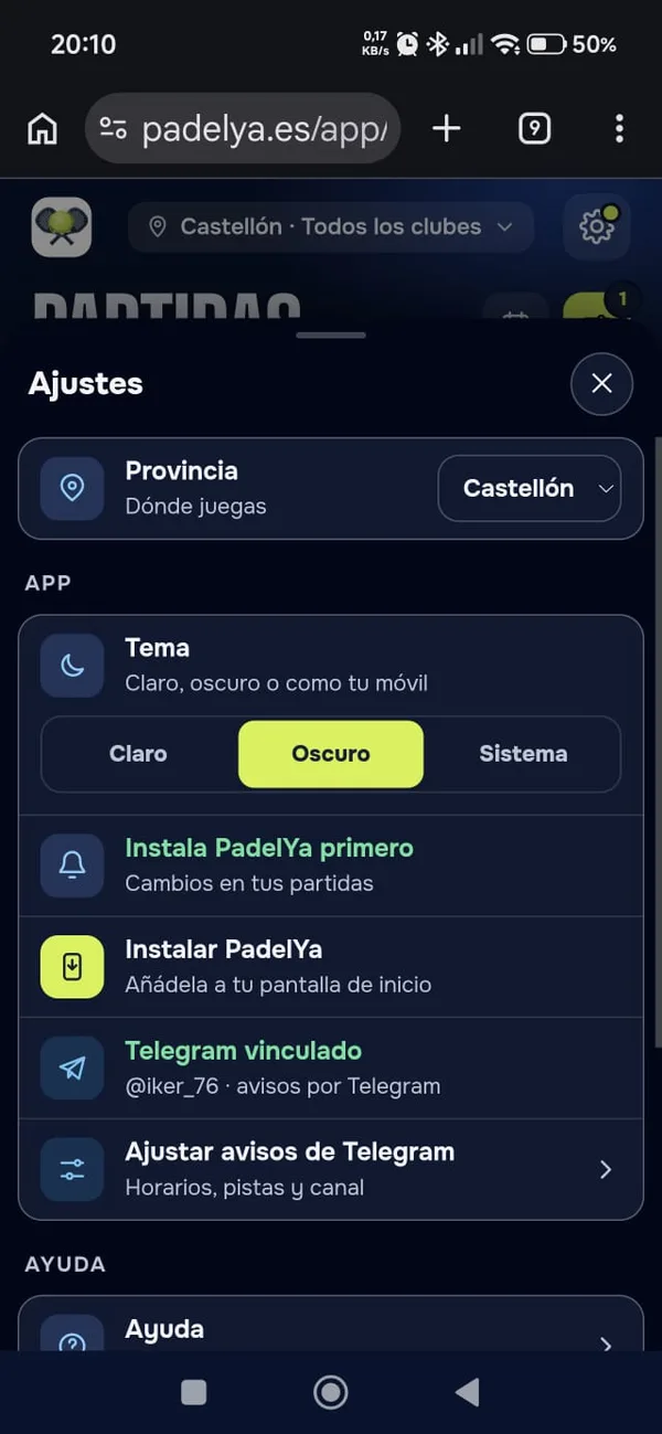 Ajustes de PadelYa con Instalar PadelYa