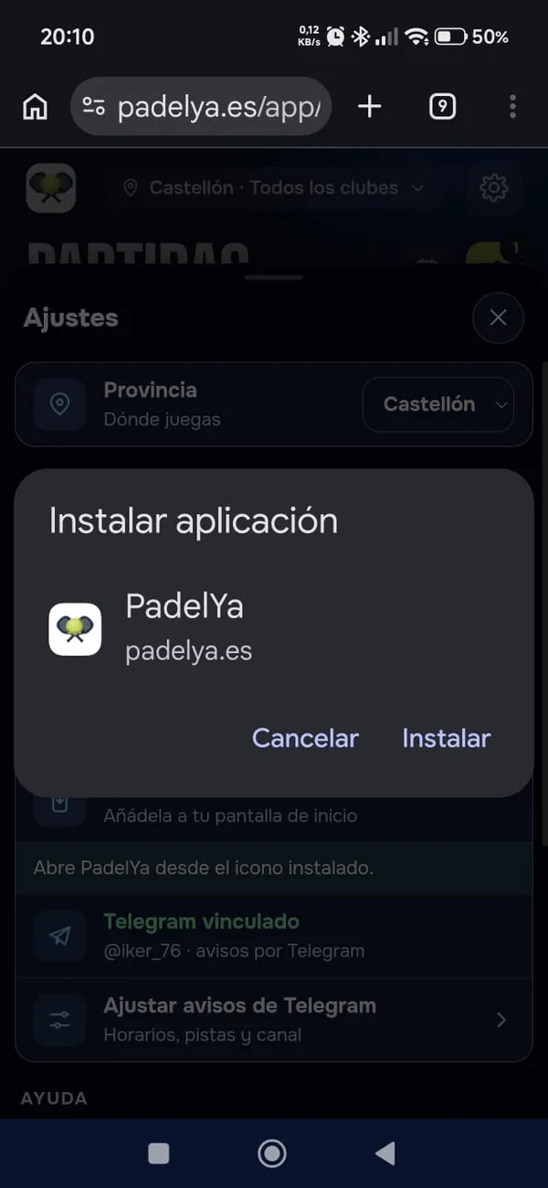 Aviso Instalar aplicación sobre Ajustes