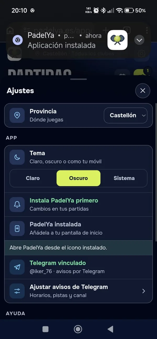 Ajustes con PadelYa instalada