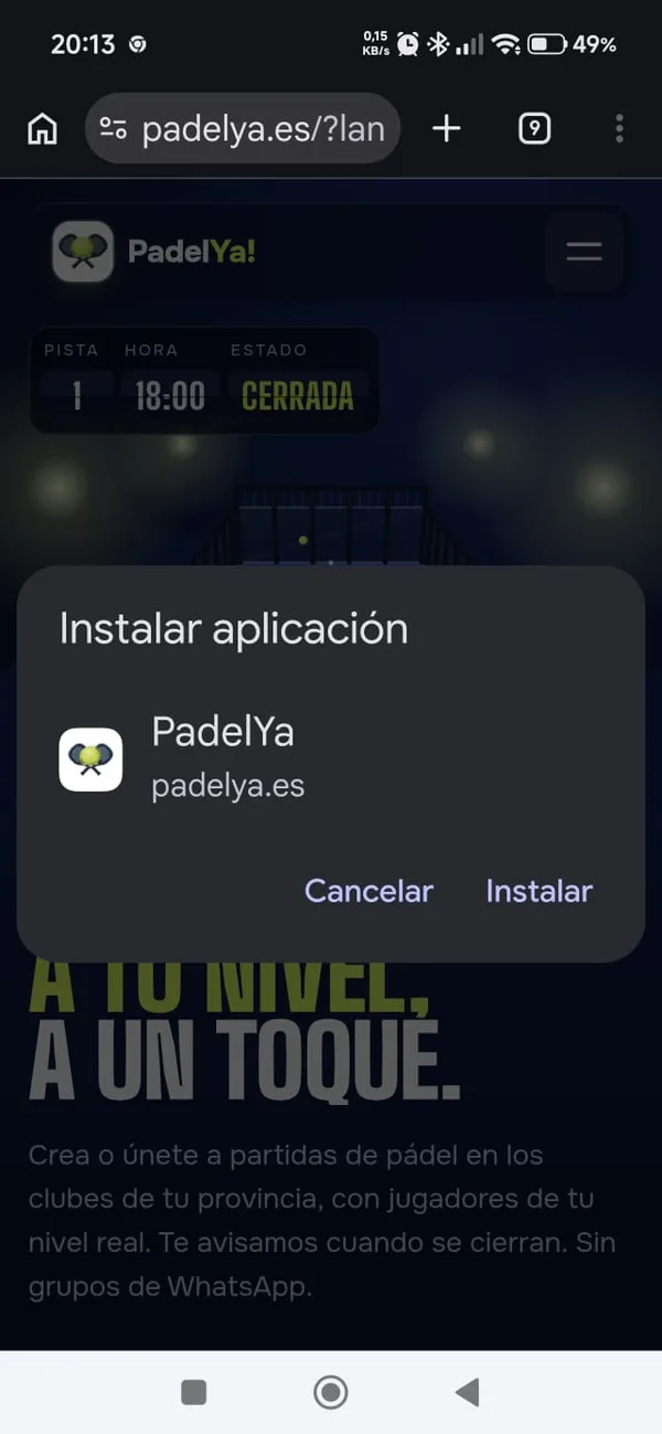 Aviso Instalar aplicación de Chrome