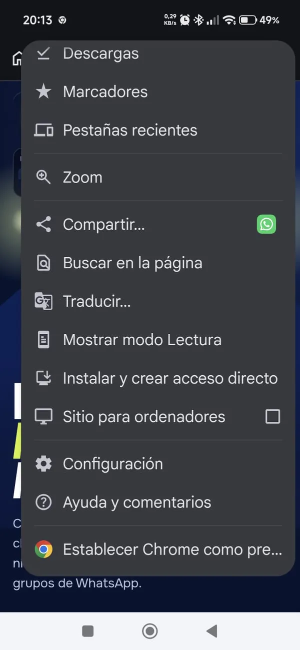 Menú de Chrome con Instalar y crear acceso directo