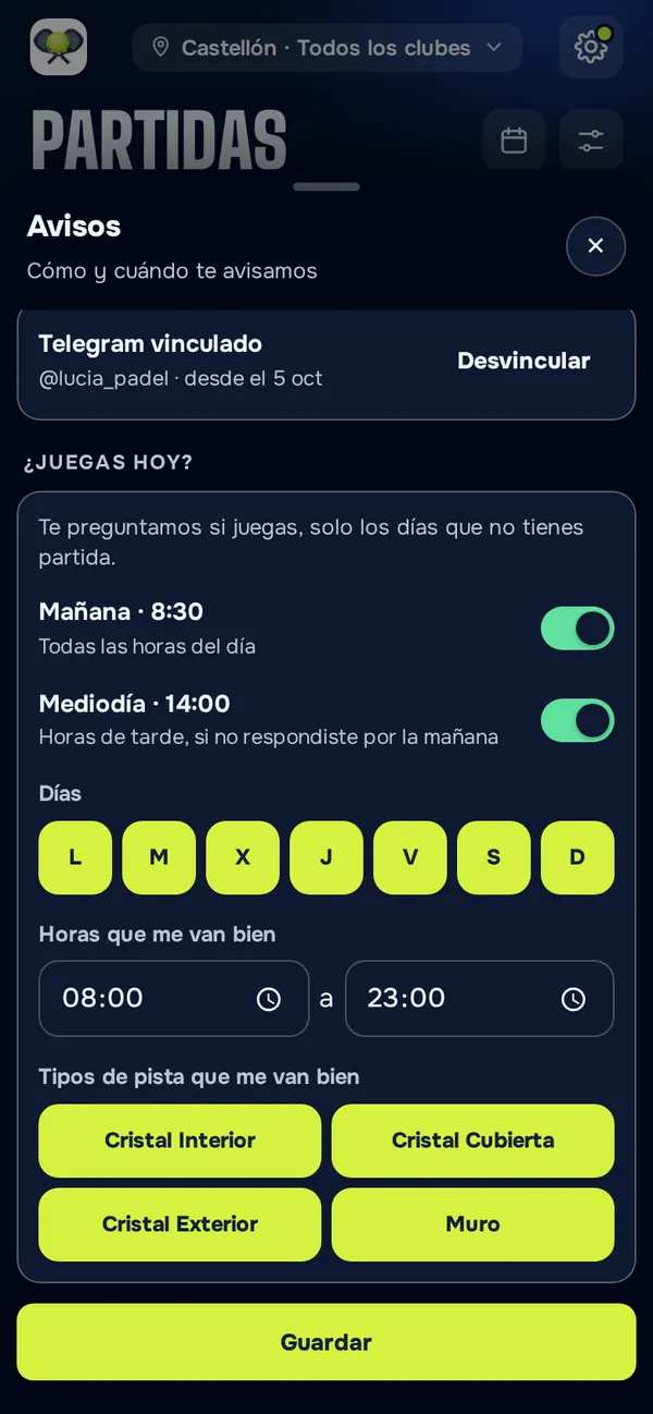 Días, horas y tipos de pista de los avisos