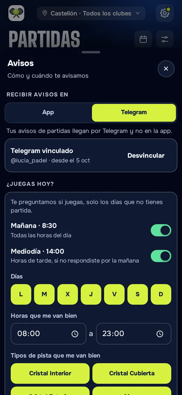 Hoja de avisos: canal y Telegram vinculado