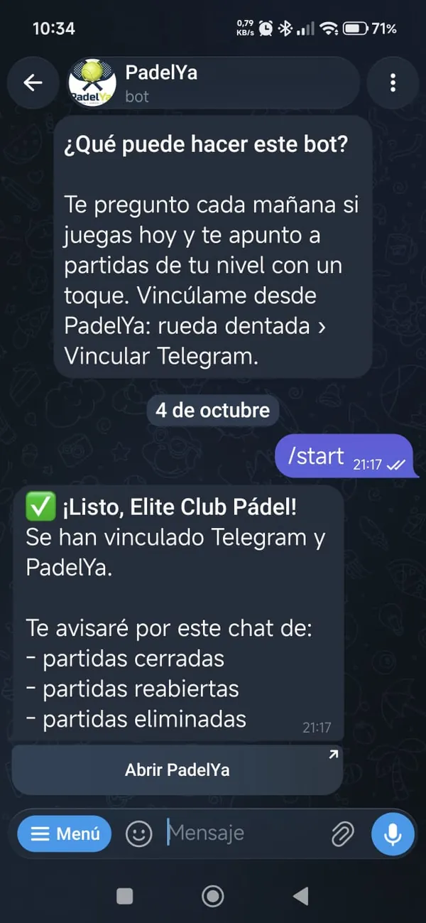 Chat del bot de PadelYa con el mensaje Listo
