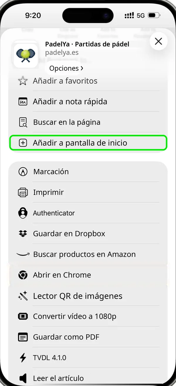 Hoja Compartir con Añadir a pantalla de inicio