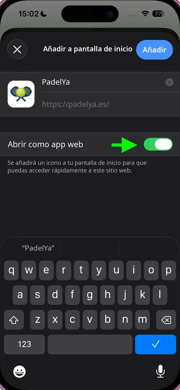 Abrir como app web activado y botón Añadir