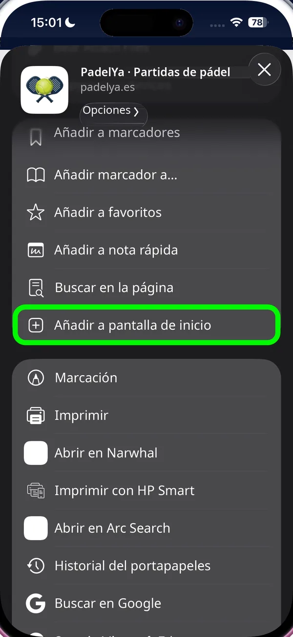 Hoja Compartir con Añadir a pantalla de inicio