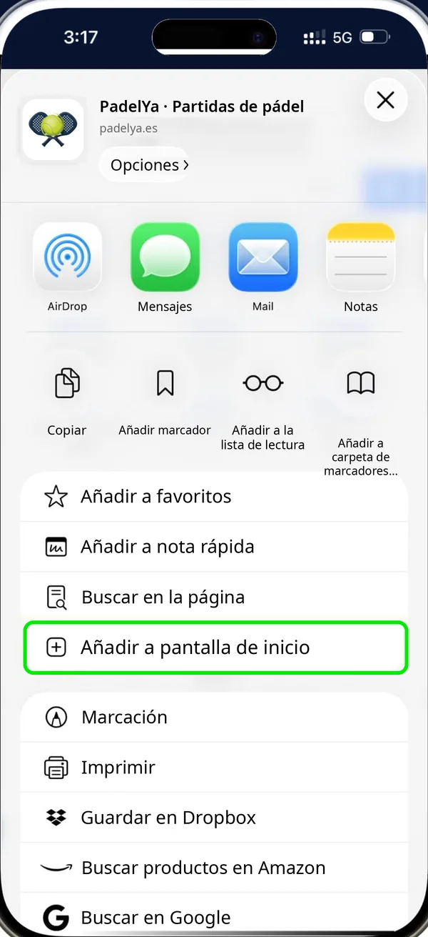 Hoja Compartir con Añadir a pantalla de inicio