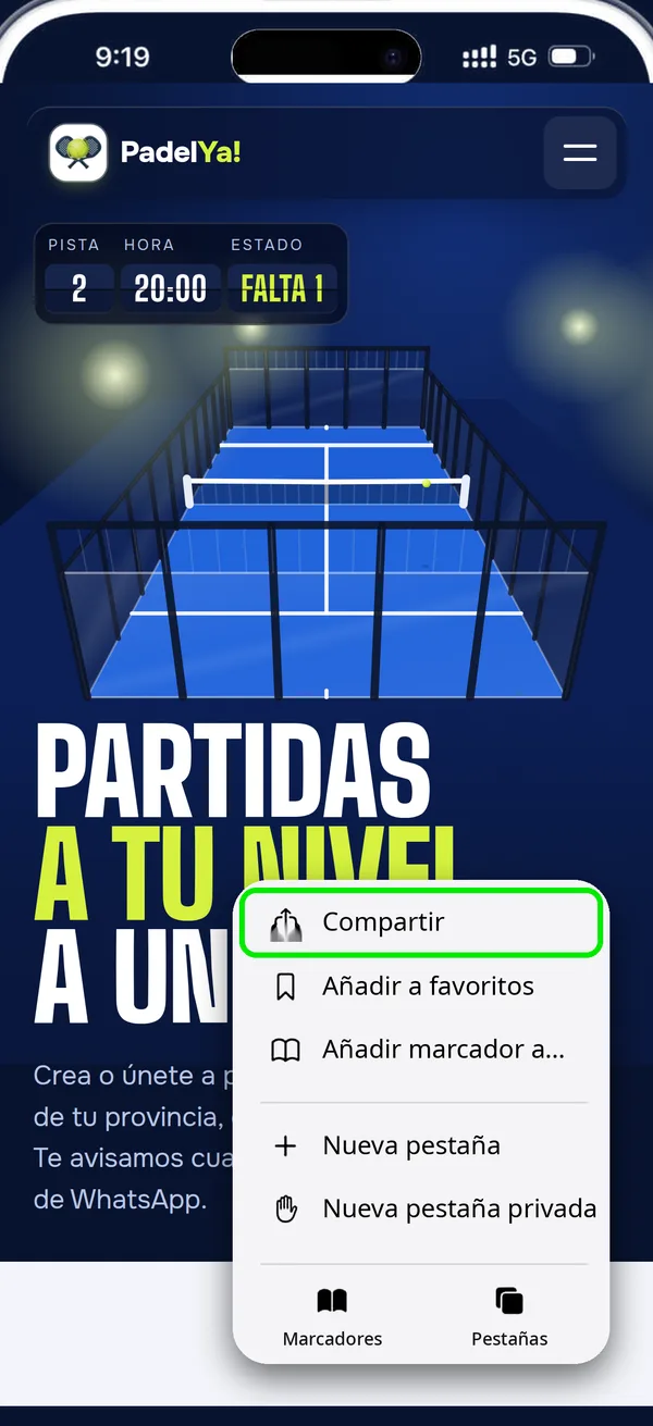 Menú con Compartir