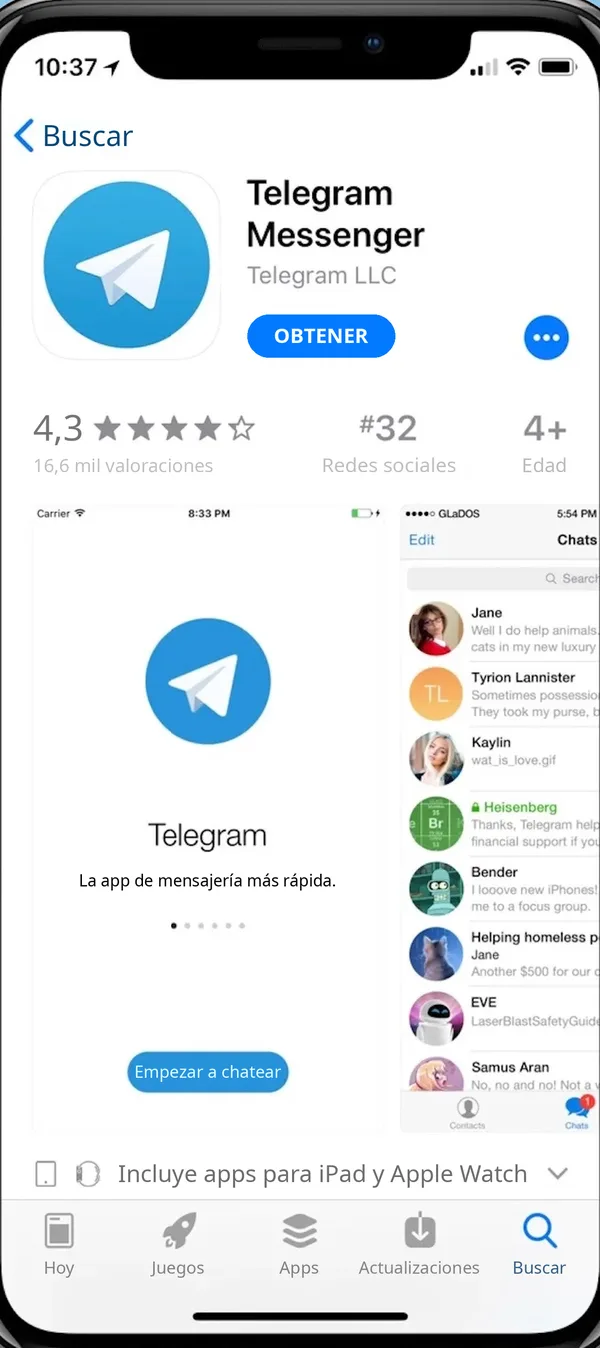 Telegram en el App Store con el botón Obtener