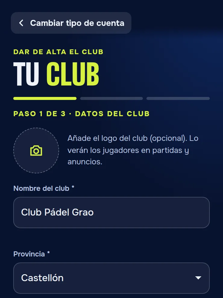Alta del club, paso 1: nombre, provincia y número de pistas
