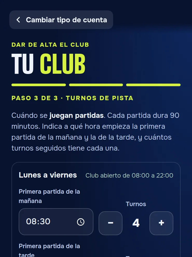 Alta del club, paso 3: turnos de pista de cada día